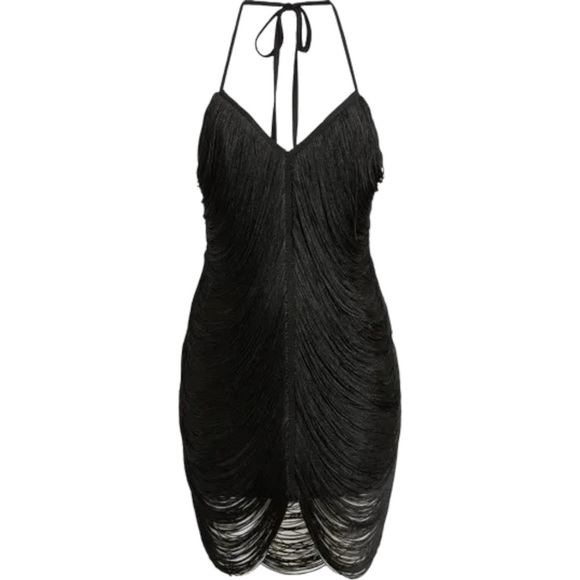Azalea Wang Black Fringe Halter Mini Dress US M - Picture 2 of 11